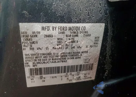 2010 Lincoln Mkx z USA, uszkodzony, nr VIN 2LMDJ6JC1ABJ07892